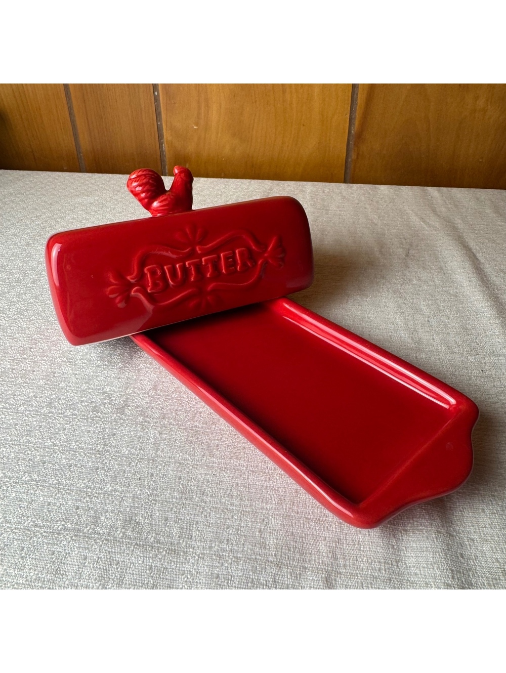 Vintage Red Ceramic Butter Dish with Rooster Knob Farmhouse Kitchen Decor - Picture 6 of 9